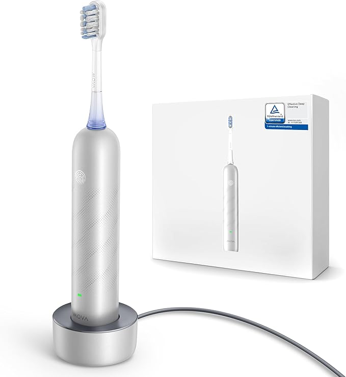 Mova Fresh Pro Electric Toothbrush with App 3DClean Rechargeable Electric Power Toothbrush for Adults 2 Brush Heads &amp Travel Case 3-in-1 Replacement Brush Head with Holder Matte Silver