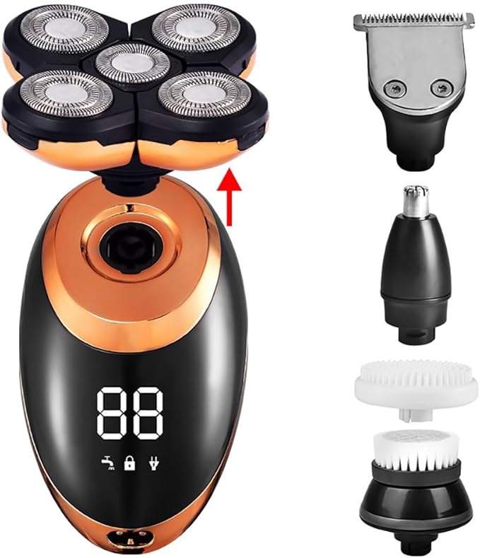Head Shaver for Men 5 in 1 Professional Electric Shaver USB Rechargeable Washable Men's Five Floating Heads Razors Hair Clipper Nose Ear Hair Trimmer (Color : Golden)