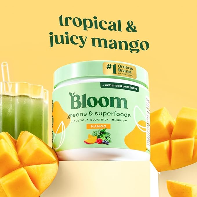 Bloom Nutrition Superfood Greens Powder Digestive Enzymes with Probiotics and Prebiotics Gut Health Bloating Relief for Women Chlorella Green Juice Mix with Beet Root Powder 30 SVG Mango