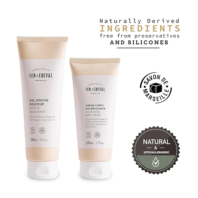 Fer a Cheval Nourishing Body Cream and Gentle Body Wash Set 200 ml / 6.76 fl oz Organic Olive Oil and Shea Butter Hypoallergenic COSMO Nat Certified
