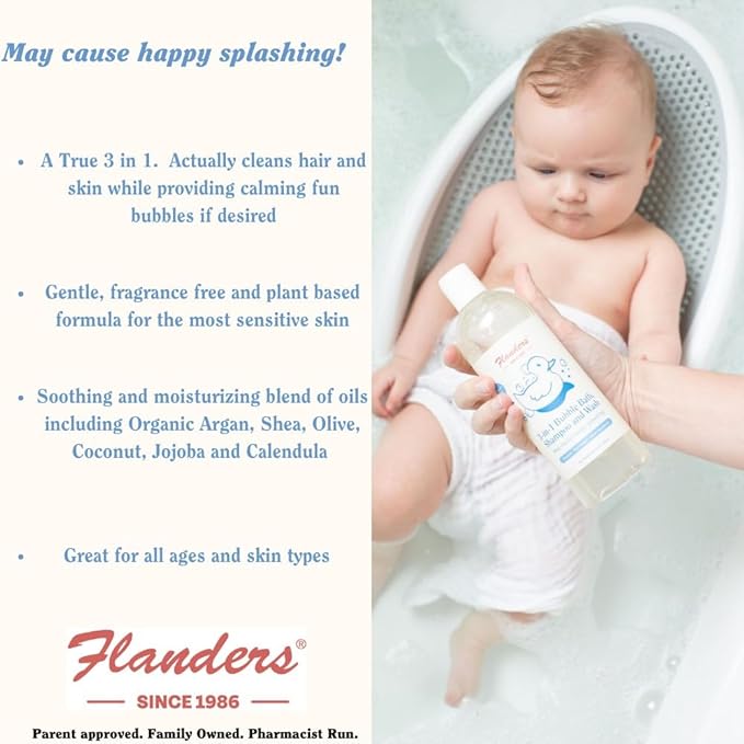 Flanders 3in1 Baby Bubble Bath Shampoo &amp Body Wash 15oz Bottles with Pump | Tear-Free Hypoallergenic Cleanser with Jojoba Coconut &amp Argan Oil Fragrance Free for Sensitive Skin 2 Pack (30o