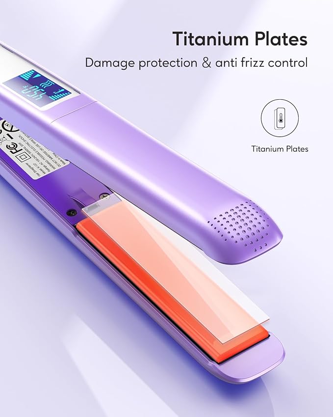 Wavytalk Pro Flat Iron Hair Straightener 100% Pure Titanium Flat Iron for Easy Glide Straightener and Curler for All Hairstyles Dual Voltage (Purple)