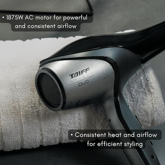 Taiff Unique Duo Professional Hair Dryer – 127V | 1875W Power | AC Motor | Tourmaline + Ionic &amp Ceramic Technology | Titanium Elements | 2 Concentrator Nozzles (Gray)
