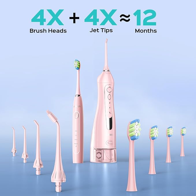 COSLUS C20 &amp C41 Portable Water Flosser with Electric Toothbrush Combo: 2-in-1 Oral Clean Kit for Teeth Braces Gums Care - Brushing &amp Flossing for Adults Family Travel Use BPA-Free Pink