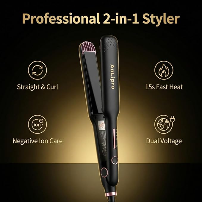 2-in-1 Hair Straightener and Curler Ceramic Flat Iron with Floating Plates Anti-Frizz Hair Styling Tool Adjustable Temperature Fast Heating Dual Voltage for Travel and Home Use