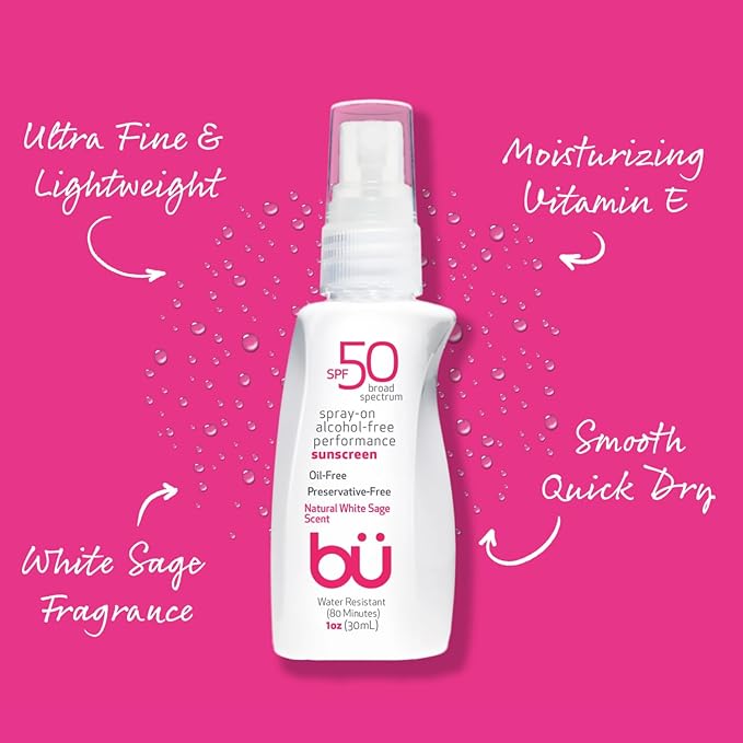 BU SPF 50 Sunscreen Spray for Face and Body 2-Pack with 3.3 oz Fragrance Free and 1 oz White Sage Clear Non Greasy Water Resistant