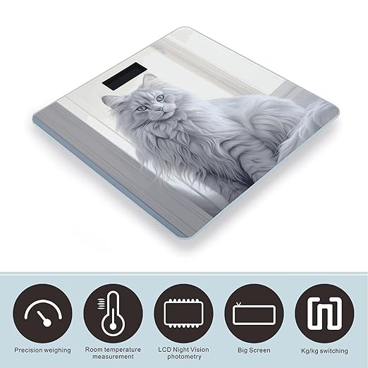 Long Haired Cat Digital Bathroom Scale for Body Weight with High Precision Digital Weighing Scale with BMI Clear LCD Display and Step-On Measures Weight Up to 180kg
