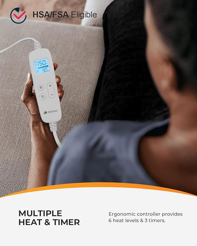 CooCoCo 37x24 Heating Pad for Neck and Shoulders and Back FSA Eligible Heat Pad for Back Pain Relief HSA Approved Full Back Heated Pad 6 Heat Settings 3 Timers Auto-Off ETL Certified