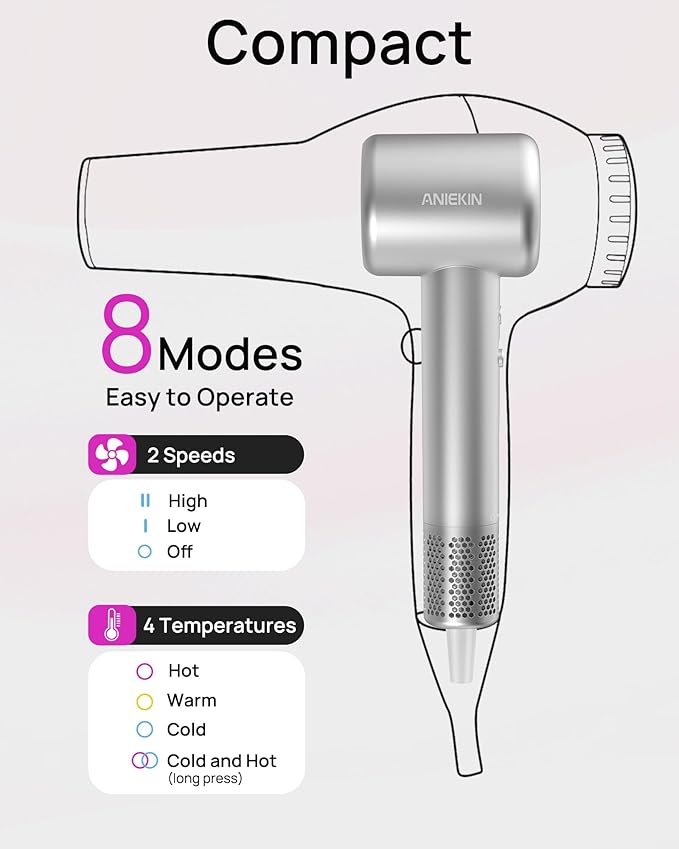 Hair Dryer High-Speed Ionic Low Noise Blow Dryer with Brushless Motor for Fast Drying Thermo-Control Quiet Compact Hair Blow Dryer with Magnetic Diffuser for Curly Hair for Home Travel Salon