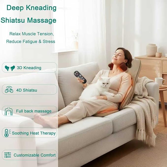 Shiatsu Neck Back Massager Chair Pad w/Heat - Back Massager for Pain Relief Deep Tissue Full-Back Kneading Rolling - Adjustable Neck Height &amp Intensity