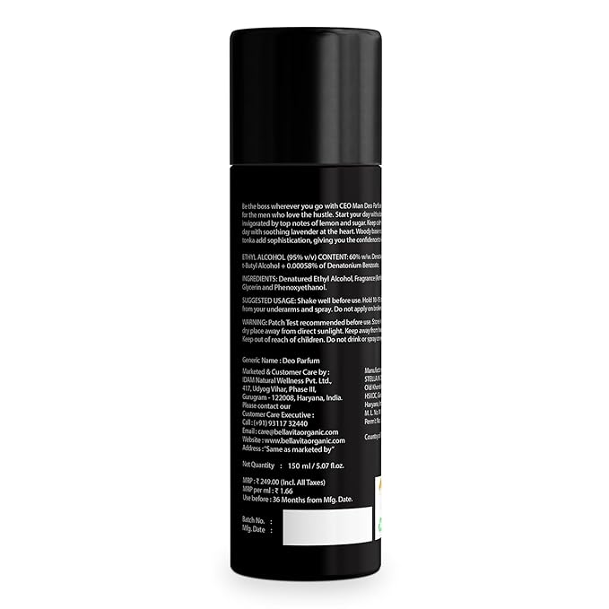 Bella Vita Luxury Ceo Man Body Parfum No Gas Spray Deodorant | Office Wear Body Parfum Deo For Men With Long Lasting Notes Of TonkaAgarwood | Premium &amp Luxury Fragrance For Men |1 Count
