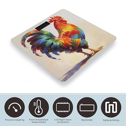 Colorful Rooster Weight ScaleClear LED Display Bathroom Digital Weighing ScaleTempered Glass Digital Bathroom Scale for Body Weight Capacity Up to 400 Lbs