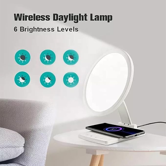 LED Happy Mood LampsLight Therapy Sun Lamp with Wireless Charging Stepless Dimming and 6-Speed Timing2700-5000K Color Temperature for Christmas New Year Birthday Gift