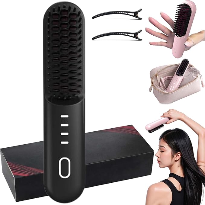 2026 New Cordless Styling Brush for Short Hair Styling ToolsHeated Brush for Short HairPortable Travel StraightenerUSB Rechargeable4 Temps Fast Heating CeramicSmooth Frizz Styling Tool (Black)