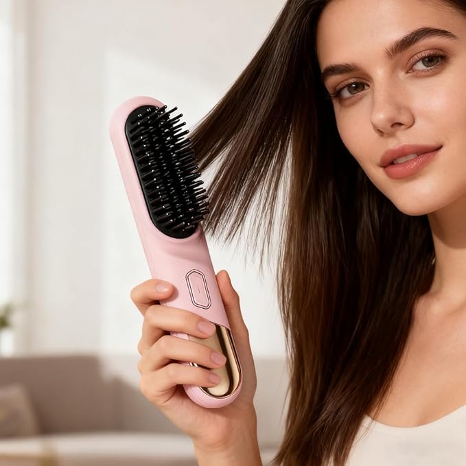 Wireless Ceramic Heating Hair Straightening Comb Portable Hair Straightening Brush Rechargeable Straightener Comb Fast Heating Straightener Brush for Travel Home (Black)