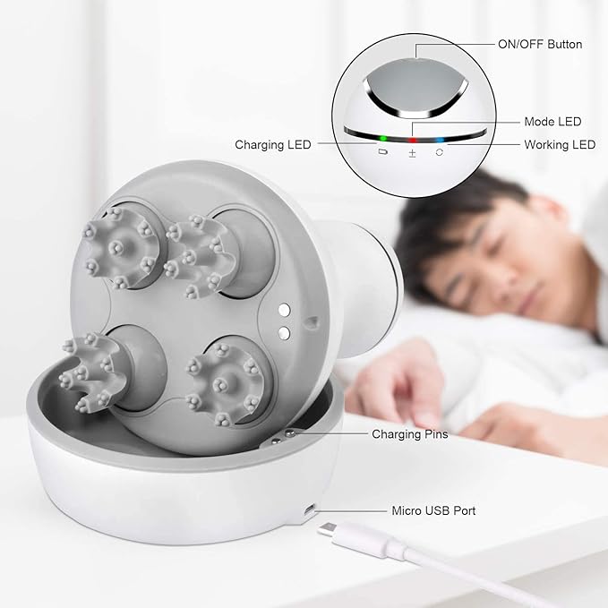 cotsoco Electric Scalp Head &amp Back Massager Cordless Hair Massage Waterproof Head Massager with 4 Heads 84 Nodes for Hair Growth Stress Relief &amp Deep Clean Gifts for Men Women White