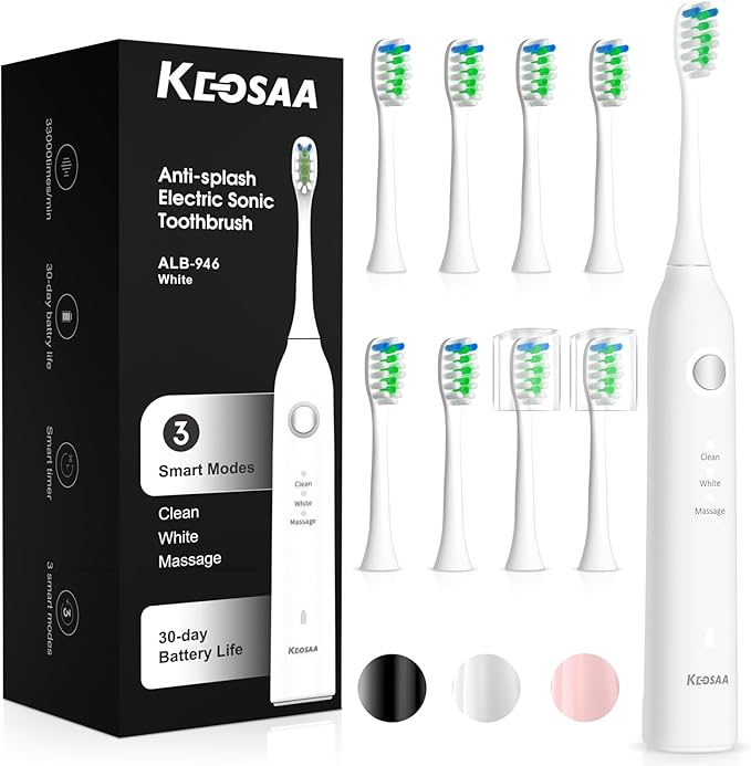 Sonic Vibrating Toothbrush with Pressure Sensor Rechargeable Tooth Brush with 8 Brush Heads 3 Modes 33000VPM 2-Min Timer One Charge Lasts for 30 Days 3D Rounded Soft Bristles IPX7 Waterproof