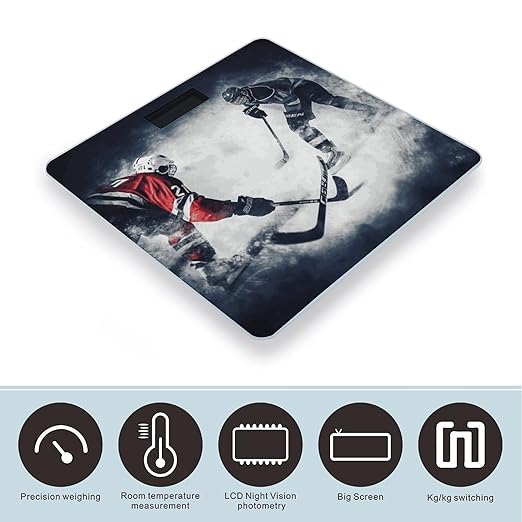 Ice Hockey Art Bathroom Scale Automatic Power On/Off Body Scales LCD Backlight Display Square Digital Scale Rounded Corners Bathroom Scales for Home Bedrooms