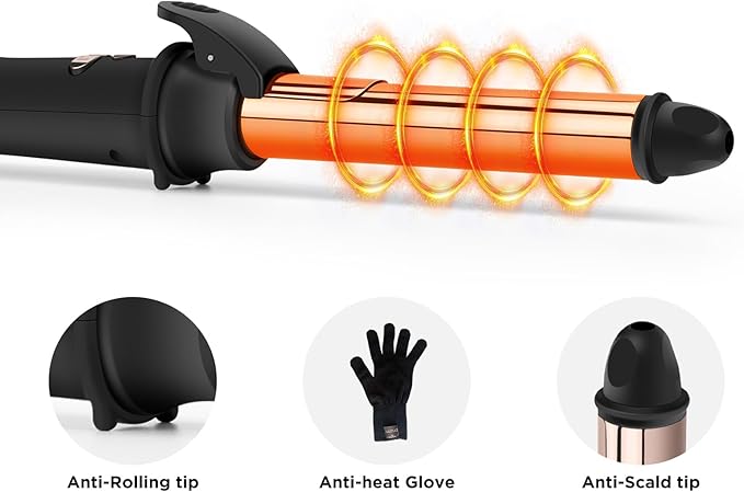 Prizm Rotating Curling Iron 1inch/25mm Automatic Hair Curler for Long Hair Self Spinning Barrel 250-450°F with LCD Display Auto-Shut Off &amp Dual Voltage Black