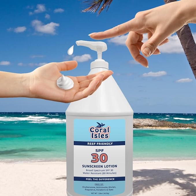 Coral Isles by Rocky Mountain Sunscreen | SPF 30 Lotion | Broad Spectrum UVA/UVB Protection | Hawaii Reef-Safe Act Compliant | Oxybenzone &amp Octinoxate Free | Water Resistant 80 Min. | 128 Fl Oz