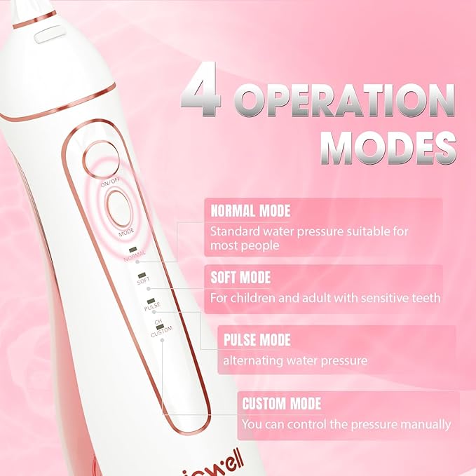Water Dental Flosser Cordless for Teeth - Nicwell 4 Modes Dental Oral Irrigator Portable and Rechargeable IPX7 Waterproof Powerful Battery Life Water Teeth Cleaner Picks for Home Travel