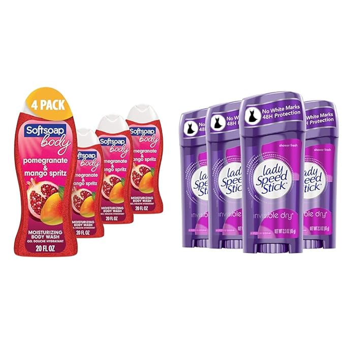 Softsoap Body Wash Pomegranate &amp Mango Spritz Body Wash 20 Fl Oz (Pack of 4) &amp Lady Speed Stick Invisible Dry Antiperspirant Deodorant Shower Fresh 2.3oz 4 Pack