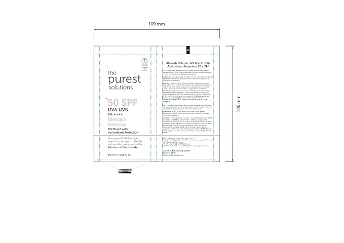 The Purest Solutions Blemish Defense (UV Shield with Antioxidant Protection SPF 50+) - 8h UVA Protection Arbutin &amp Niacinamide for Skin Tone Harmonization and Moisturizers - Vegan (50 ml)