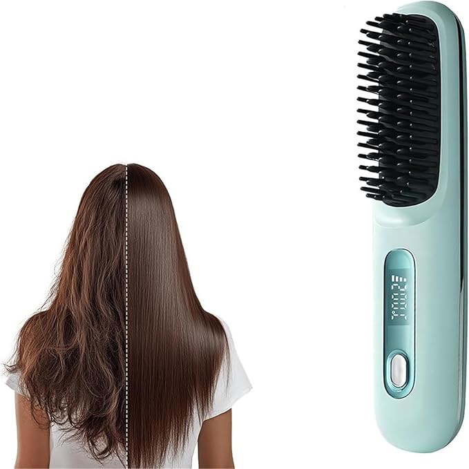 GO Brush Upgraded Version Portable Travel Straightener with LCD Temperature Display Portable Hair Straightener Fast-Heating Cordless mini Hair Comb(Blue)