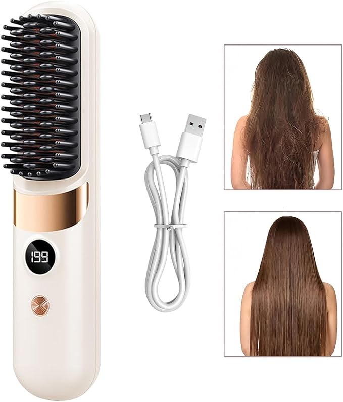 Hair Straightener Brush Portable Rechargeable Cordless Hair Straightener - Female Hairstyle Brush and Curling Comb | For Daily Use Travel Ladies Teens Home Salon Office Business