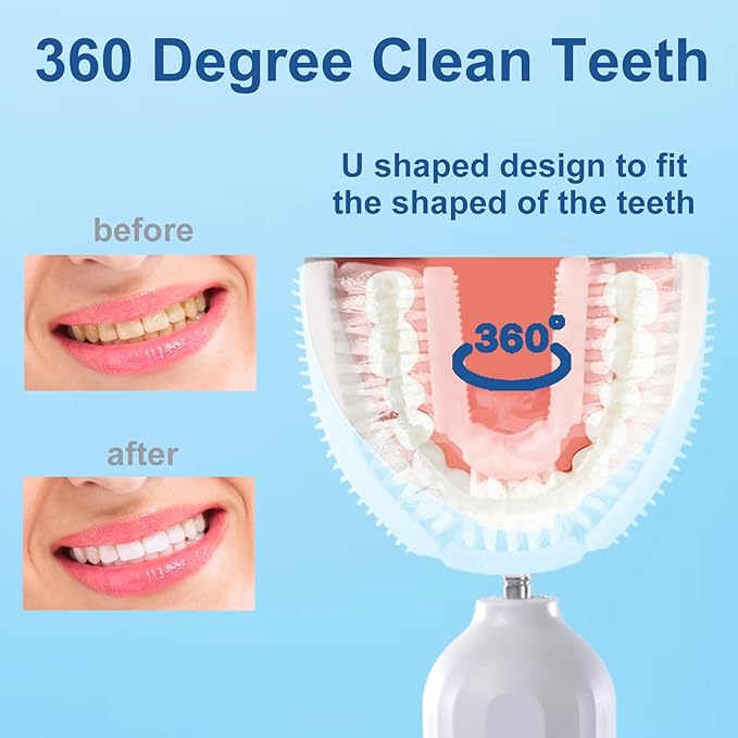 Ultrasonic U-Shaped Toothbrush for Adults Electric Toothbrush has 23760 Nylon BristlesAutomatic 360-degree Cleaning and Waterproof IPX7 4 Modes for Teeth Whitening (White)