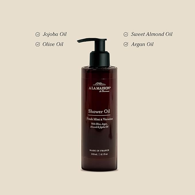 A LA MAISON Cleansing Shower Oil – Fresh Mint &amp Verveine – Hydrating Body Wash Alternative with Olive Argan &amp Jojoba Oils – Plant-Based Biodegradable Made in France 8.1 fl oz – Amber Collec