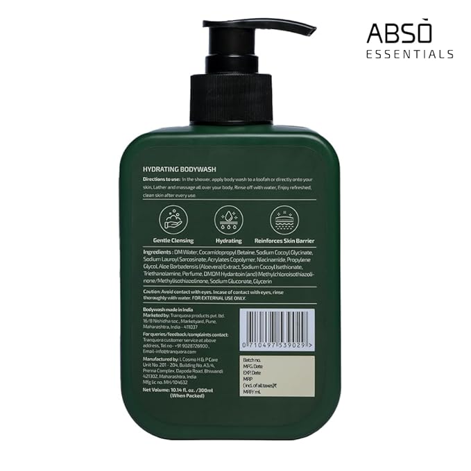 ABSO_ESSENTIALS 2% Niacinamide Hydrating Bodywash With Aloe Vera for Daily Gentle Cleansing Enriched Moisturizing and Reinforcing Skin Barrier| SLS &amp Paraben Free Dermatologically Tested (300 ML)