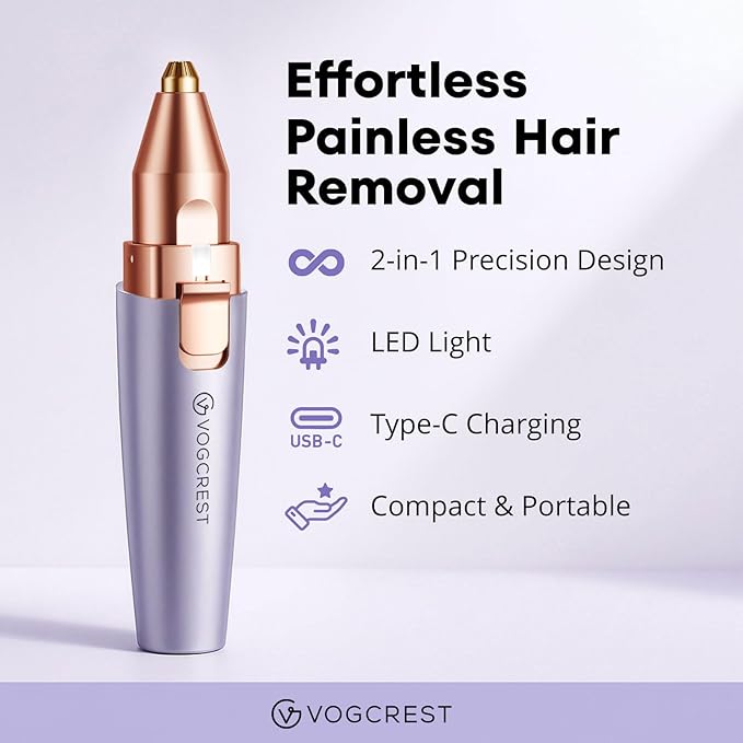 VG VOGCREST Eyebrow &amp Facial Trimmer: 2-in-1 Rechargeable Facial Hair Removal &amp Eyebrow Shaver - Painless Razor with Built-in LED Light (Solar Purple)