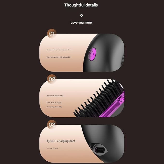 Mini-Hair Straightener Brush for Hair Cordless Hair Straightener &amp Styler Comb Portable Hair-Brush for Travel Constant Heat Technology for Even Temperature Distribution