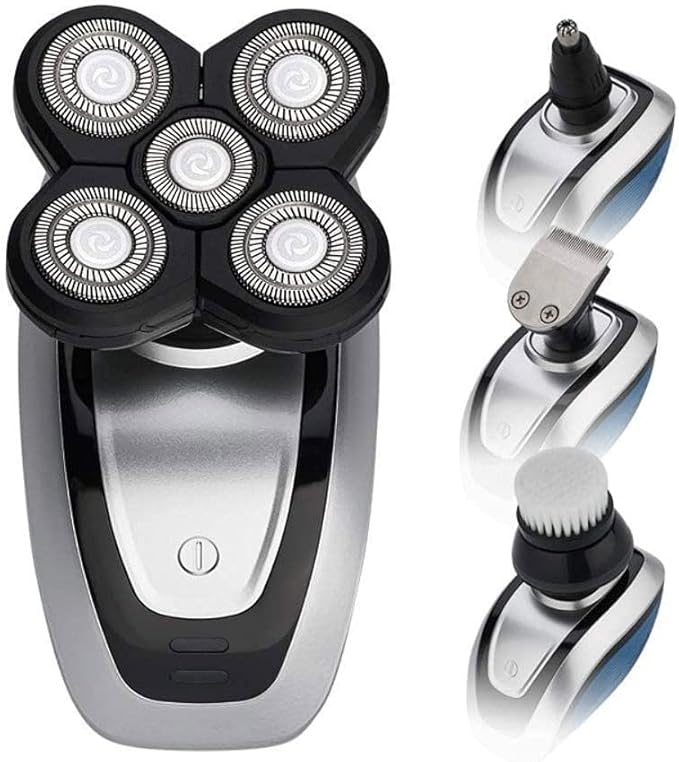 4 in 1 Cordless Electric Shavers Grooming Kits IPX7 Waterproof Head Shaver Electric Razor with Beard - Hair - Nose Trimmer - Facial Clean - Massage Brush USB Rechargeable