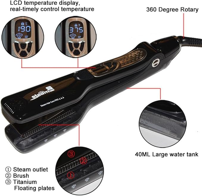 Professional Personalized Steam Hair Straightener Comb Fast Electric Steam Hair Straightener Brush with Removable Comb+Digital LCD+5 Level Adjustable Temperature+Auto Temperature Lock (Black)
