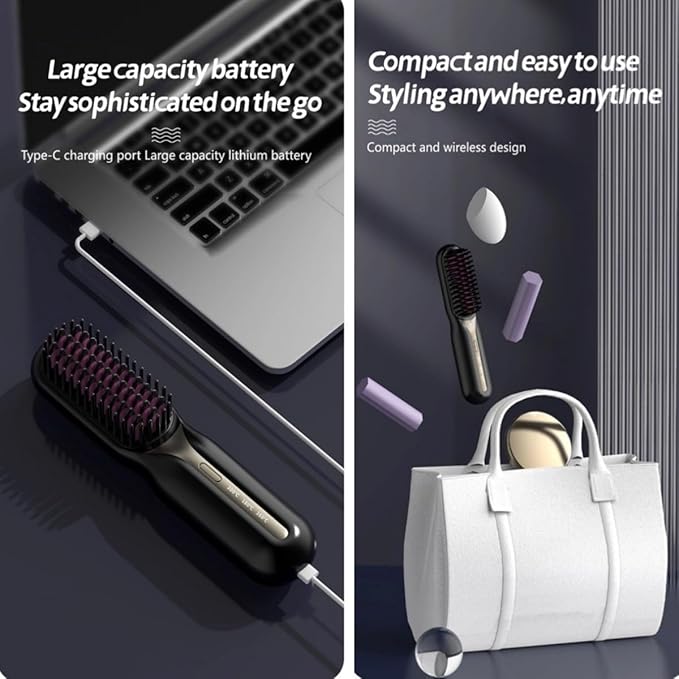 Cordless Hair Straightener with Detangling Brush Portable Hot Ionic Straightening Brush for Women (Black)