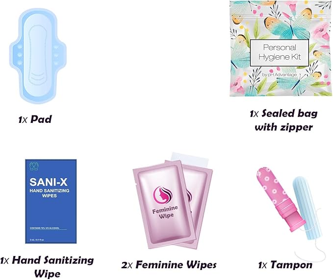 Butterfly Style Menstrual Kit All-in-One 100 Pack | Convenience on The Go | Period Kit Pack for Travelling Tweens &amp Teenagers or just When You’re Out | Individually Wrapped Feminine Hygiene Produ