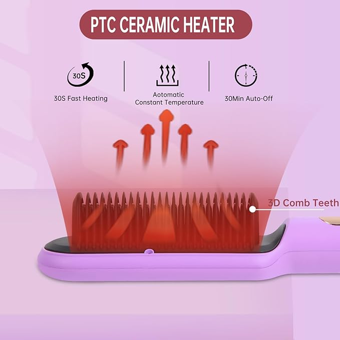 Negative Ionic Hair Straightener Brush with 9 Temp Settings 30s Fast Heating Hair Straightening Comb with LED Display Anti-Scald &amp Auto-Shut Off Hair Brush Straightener for Women (Purple)