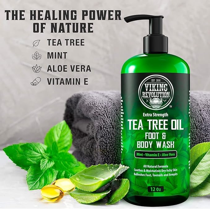 Viking Revolution Tea Tree Oil Body Wash Soap for Men - Helps Athlete's Foot Toenail Jock Itch Eczema Ringworm &amp Body Odors - Extra Strength Men's Body Wash (2 Pack)