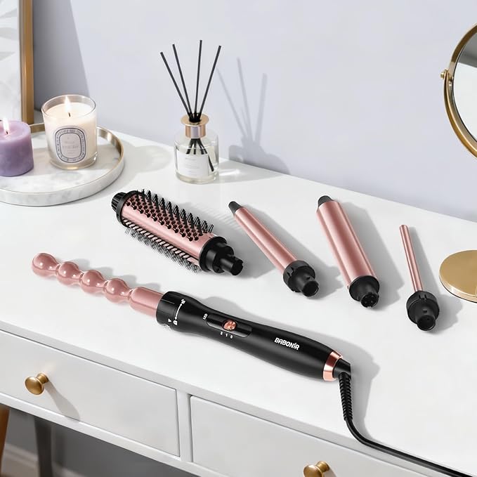 5 in 1 Curling Wand Set Multi Hair Styler with Thermal Curling Brush and 4 Interchangeable Ceramic Curling Wand (0.35-1.25) Glove Clips Dual Voltage Hair Wand Curling Iron Gifts for Women