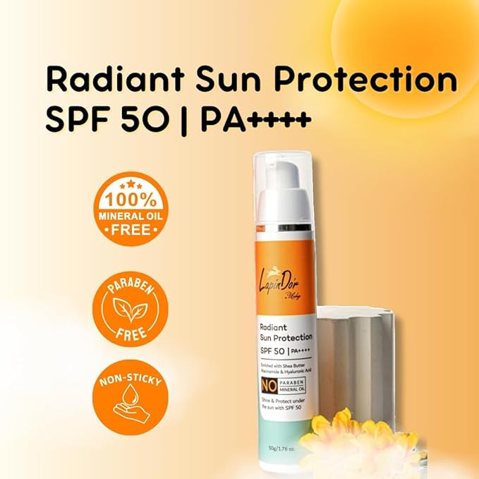 La.pinD'or Radiant Sun Protection SPF 50 (50 gm) | PA++++ | UVA/UVB Sunscreen Protection | Enriched with Shea Butter Niacinamide &amp Hyaluronic Acid | Sunscreen SPF 50 for All Skin Types