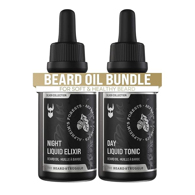 The Beard Struggle Tonic + Elixir Beard Oil Bundle - Silver Collection - Grooming Beard Oil - Softens Moisturizers and Strengthens Beard Growth - Pack of 2 Alfheim's Forests