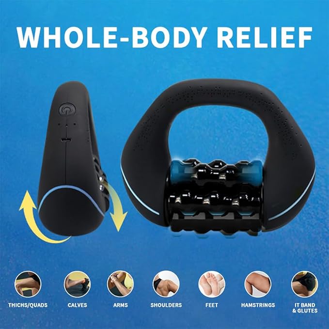 Electric Deep Tissue Massager 3-Speed Rolling Percussive Muscle Roller with Hands-Free Base - Rechargeable Portable Massage for Legs Back Shoulders - Recovery Tool for Athletes &amp Runners