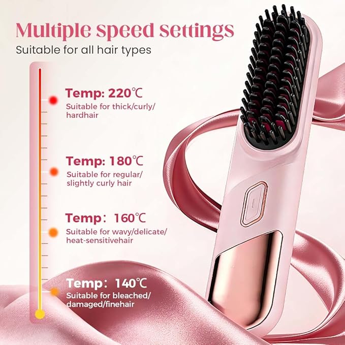 Brush Pro 2026 Hair Straightener Brush Cordless Hair Straightener for Short or Long Hair Portable Hair Comb for Travel 4 Temps 300 Million Negative Ionic (Black)