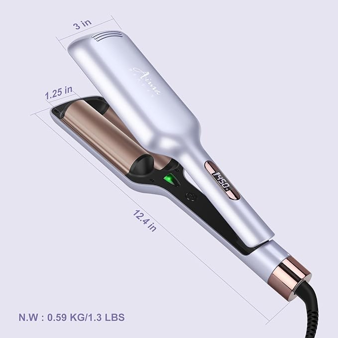 32mm (1.25) Aima Beauty Twins Mermaid Hair WaverAnti-Scald Hair CrimperBeach Wave Curling IronCurling Wand 2 Barrel (Purple) 15S Heats Up for Short/Medium/Long Hair