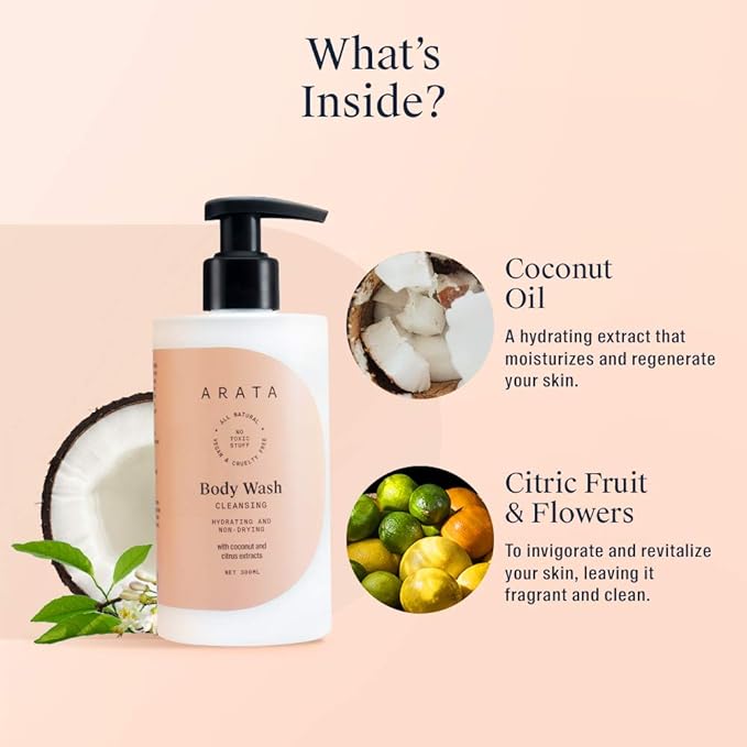 Arata Hydrating &amp Non-Drying Body Wash With Ayurvedic Coconut &amp Citrus | All Natural Vegan &amp Cruelty-Free | Gentle Cleansing For Women &amp Men | No SLS No Parabens - 10 Fl Oz
