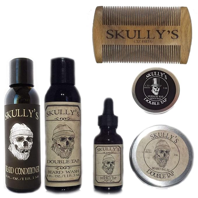 Skully's Ultimate Double Tap Beard Care Kit (Fresh and Clean Barber Shop Scent) - Beard Oil Beard Balm Beard Comb Beard Conditioner Mustache Wax for Men