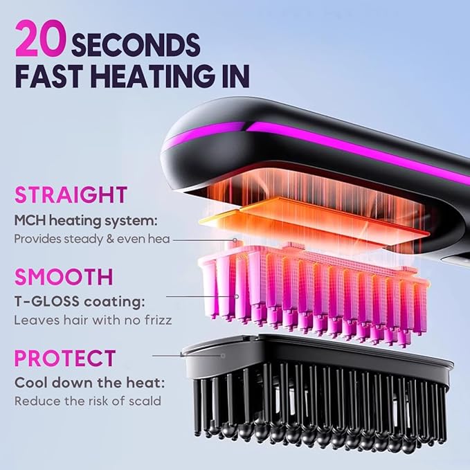 Cordless Hair Straightener Brush Portable Straightener Brush with LCD Temperature Display Fast Heating Cordless Hair Straightener Brushs for Daily Use and Travel (White)