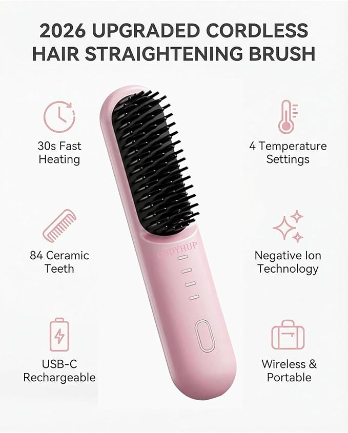 2026 Upgraded Portable Cordless Hair Straightening Brush Fast Heating &amp USB-C Rechargeable Wireless Mini Hair Straightener Styling Brush for Women Short Hair Travel 3 Temperature Settings(Pink)